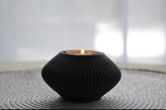 Modern Ribbed Black Tea Light Holder – Minimalist Candle Decor for Home & Office